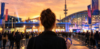 Gründerin vor der Hamburger Messe mit Festivalbändchen und beleuchteten Hallen bei Abendlicht