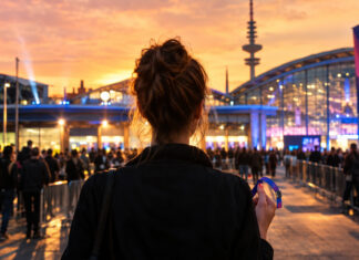 Online Marketing Rockstars Festival Gründerin vor der Hamburger Messe mit Festivalbändchen und beleuchteten Hallen bei Abendlicht