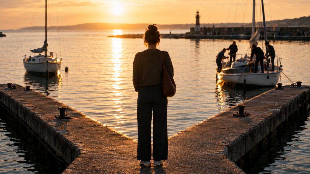 Gründerin an einer Weggabelung am Hafen, daneben ein Boot allein und eines mit Team