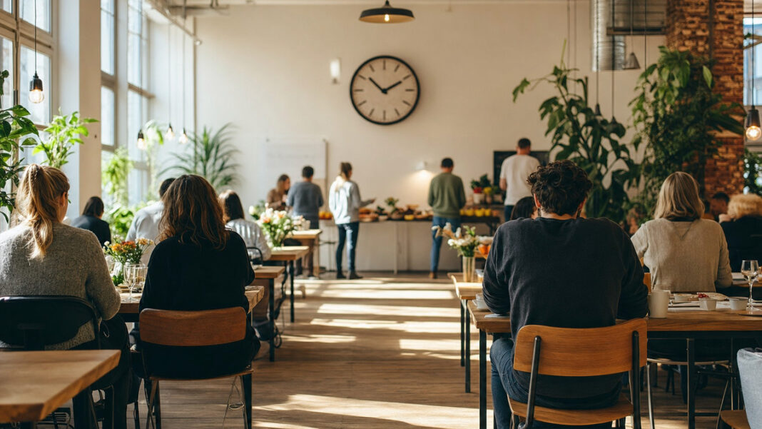 Heller Anti-Café-Raum mit Zeitmesser, Gästen von hinten und Buffet im Tageslicht.