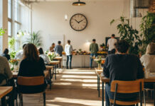 Das erste Anti-Café Berlins: „be’kech“ Heller Anti-Café-Raum mit Zeitmesser, Gästen von hinten und Buffet im Tageslicht.