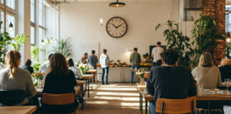 Heller Anti-Café-Raum mit Zeitmesser, Gästen von hinten und Buffet im Tageslicht.