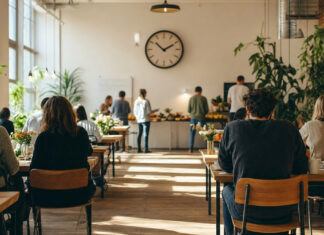 Das erste Anti-Café Berlins: „be’kech“ Heller Anti-Café-Raum mit Zeitmesser, Gästen von hinten und Buffet im Tageslicht.