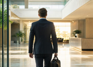 Boom in der Büroimmobilien-Branche: Eine unausgesprochene Einladung zum Gründen? Leerer Empfangsbereich in einem Bürohaus, ein Mann von hinten betritt ihn im Tageslicht.