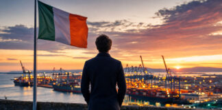 Gründer blickt von der Uferpromenade auf einen Containerhafen mit irischer Flagge im Abendlicht.