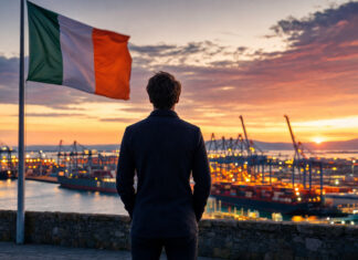 Vom irischen Unternehmertum zum globalen Mindset – Enterprise Ireland auf der MoneyConf 2018 Gründer blickt von der Uferpromenade auf einen Containerhafen mit irischer Flagge im Abendlicht.