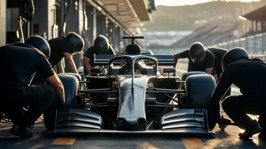 Formel-1-Wagen in der Boxengasse, Mechaniker arbeiten von hinten im warmen Licht