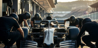 Formel-1-Wagen in der Boxengasse, Mechaniker arbeiten von hinten im warmen Licht