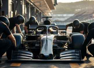 Start your IT engines! Formel-1-Wagen in der Boxengasse, Mechaniker arbeiten von hinten im warmen Licht