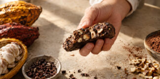 Hand hält einen Schokoriegel mit Nüssen und Kakaonibs auf Natursteinplatte