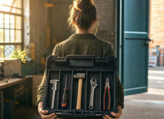 Der Reiz der Gründerszene: Die fünf wichtigsten Tools für erfolgreiche Start-ups Gründerin von hinten hält einen Werkzeugkoffer mit fünf Einsätzen in einer Werkstatt.