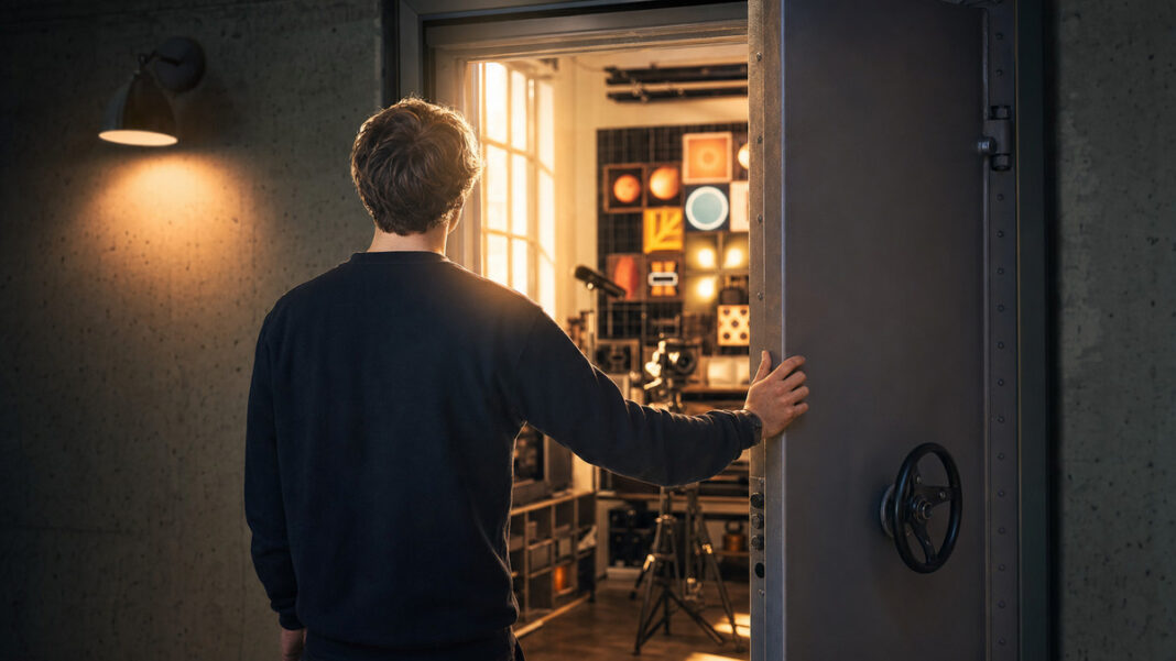 Hinter die Kulissen Person von hinten öffnet eine Stahltür zu einem hellen Studio- oder Lagerrraum mit Kamera und Mikrofon