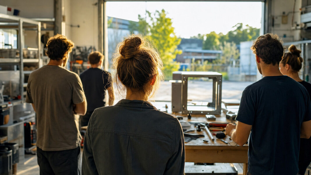 Neue Chancen für Startups Gründerteam vor einer hellen Halle mit Prototyp-Gehäuse auf einer Werkbank