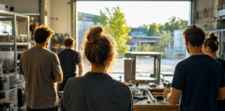 Gründerteam vor einer hellen Halle mit Prototyp-Gehäuse auf einer Werkbank