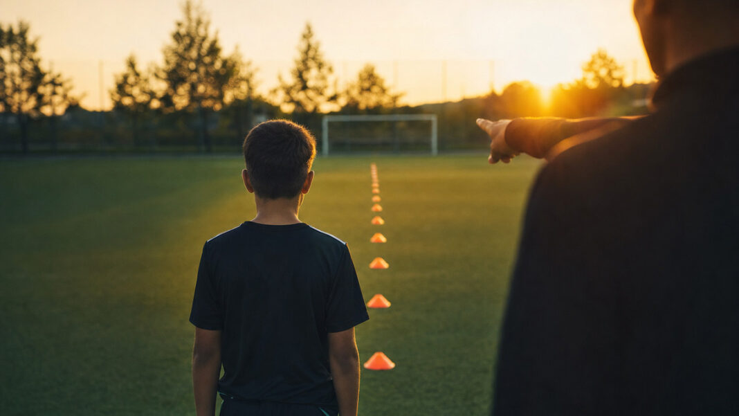 Fußballer von hinten am Trainingsplatz neben Hütchen im Abendlicht