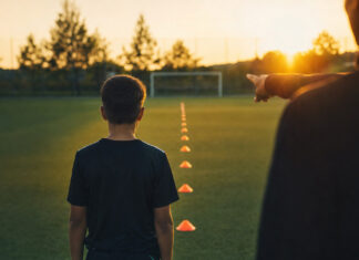 Nachwuchsförderung und WM-Trostpflaster – So erreicht man junge Talente der Gen Z! Fußballer von hinten am Trainingsplatz neben Hütchen im Abendlicht