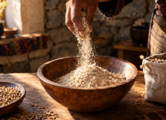 TSAMPA – Das regionale Superfood „Gerste“ neu erfunden Hand streut Tsampa-Mehl in eine Schale neben Gerstenkörnern im warmen Licht.