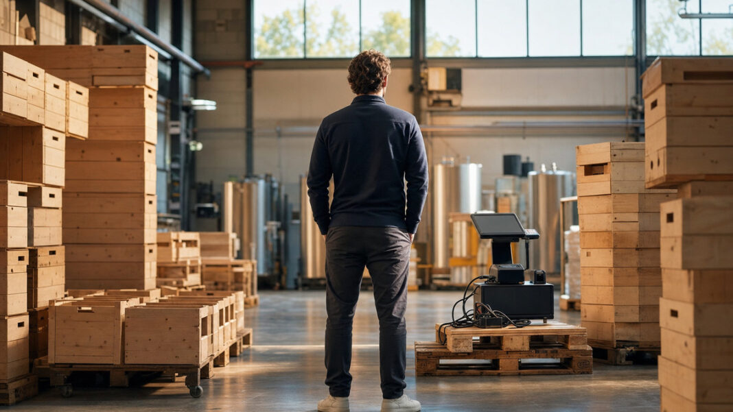 ERP-Investition in der Gründungsphase Gründer von hinten neben Holzkisten und vorbereitetem Warenmanagement-Terminal in heller Lagerhalle