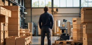 Gründer von hinten neben Holzkisten und vorbereitetem Warenmanagement-Terminal in heller Lagerhalle