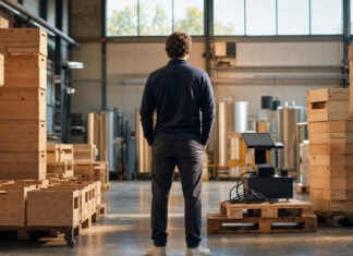 ERP-Software: Frühzeitiges investieren, lohnt es sich? Gründer von hinten neben Holzkisten und vorbereitetem Warenmanagement-Terminal in heller Lagerhalle