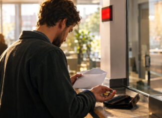 Gründer am Finanzamt-Schalter mit geöffnetem Umschlag und Münzen im Morgenlicht