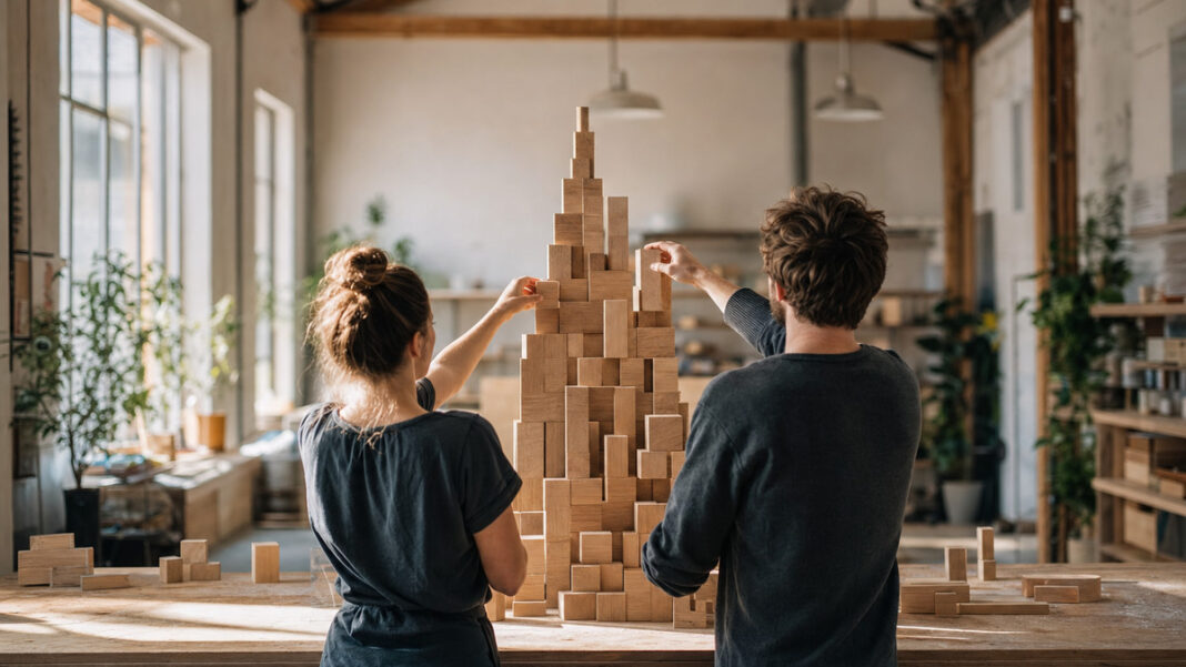 Gründerpaar sortiert Holzbausteine zu einem wachsenden Stapel in heller Werkstatt.