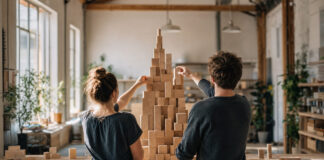 Gründerpaar sortiert Holzbausteine zu einem wachsenden Stapel in heller Werkstatt.