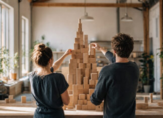 Gründerpaar sortiert Holzbausteine zu einem wachsenden Stapel in heller Werkstatt.