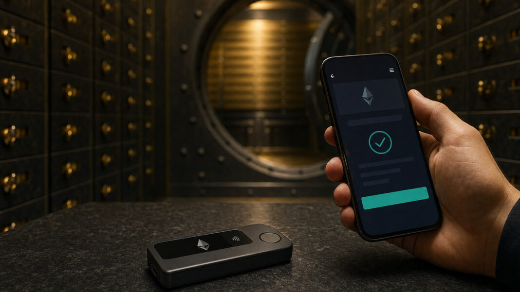 Hardware-Wallet und Hand mit Smartphone vor offenem Tresorfach im warmen Licht