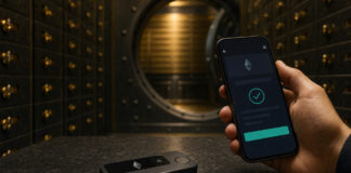 Hardware-Wallet und Hand mit Smartphone vor offenem Tresorfach im warmen Licht