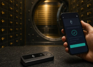Hardware-Wallet und Hand mit Smartphone vor offenem Tresorfach im warmen Licht