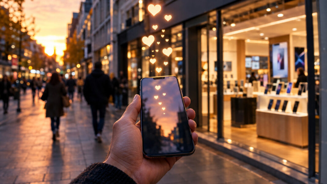 Smartphone mit Herzsymbolen Smartphone mit aufsteigenden Herzsymbolen vor einem Handyladen