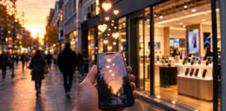 Smartphone mit aufsteigenden Herzsymbolen vor einem Handyladen