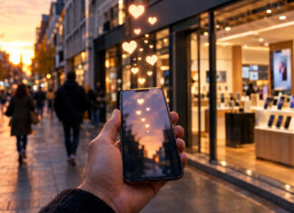 Smartphone mit aufsteigenden Herzsymbolen vor einem Handyladen