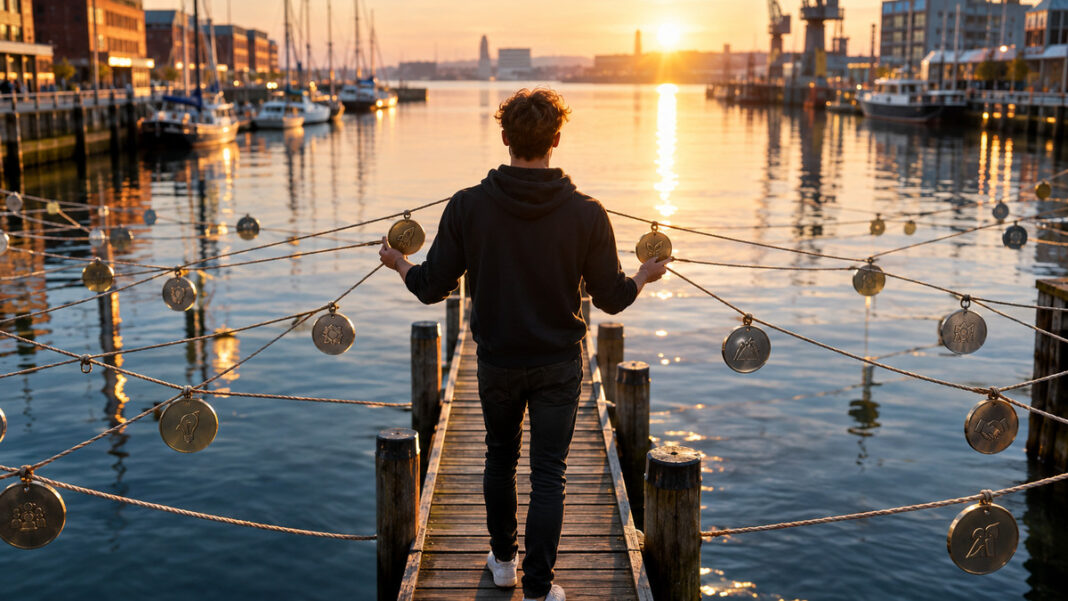 Junger Gründer im Beteiligungsnetz Junger Gründer befestigt an einer Hafenbrücke Metallplättchen in ein Schnurnetz über dem Wasser.