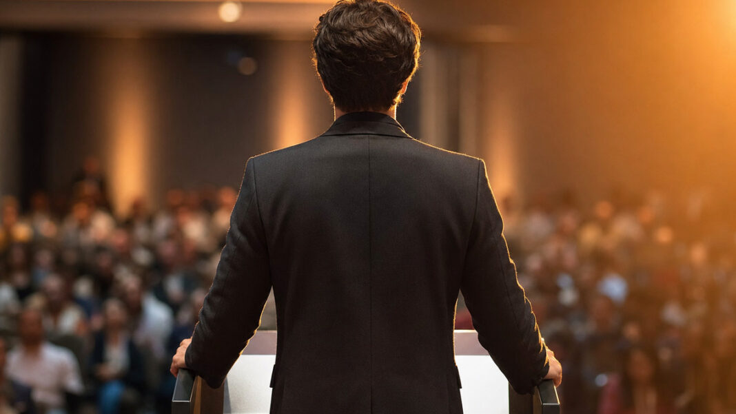 Pitch an der Bühne Person von hinten an einer Rednerbühne vor unscharfem Publikum im warmen Licht