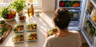 Person füllt Meal-Prep-Schalen in einer Küche, neben offenen Zutaten und Kühlschrank im Morgenlicht.