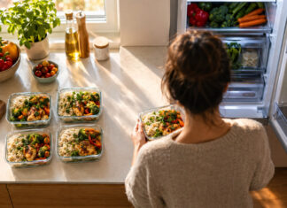 Person füllt Meal-Prep-Schalen in einer Küche, neben offenen Zutaten und Kühlschrank im Morgenlicht.