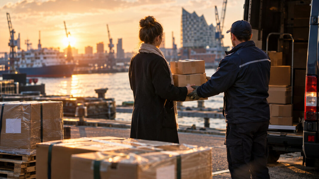 Gründerin übergibt Pakete an einen Versanddienst im Hafen, mit weiteren Kartons im Hintergrund