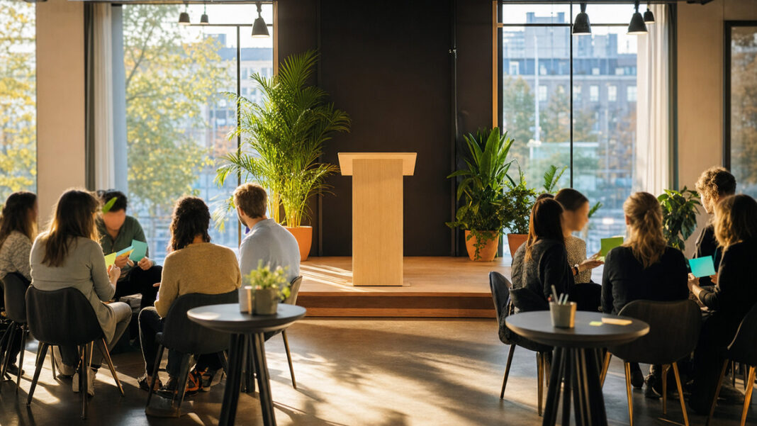 Workshop-Bühne mit Rednerpult und vier Gesprächsinseln, Personen von hinten im Tageslicht