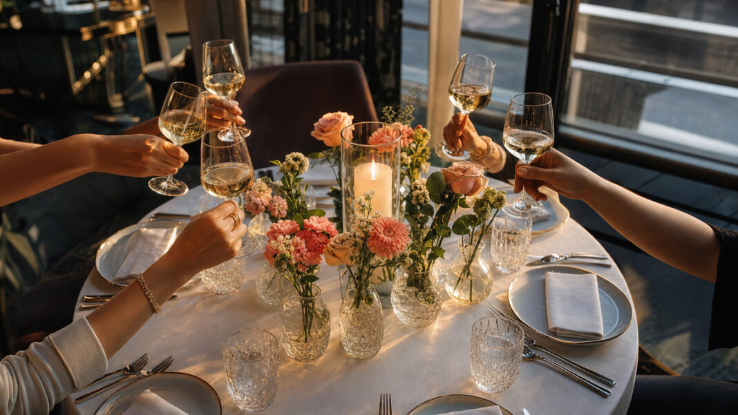 Female Leaders Dinner Runder Dinner-Tisch mit Kerzen und Blumen, darum herum anstoßende Frauenhände im warmen Licht.
