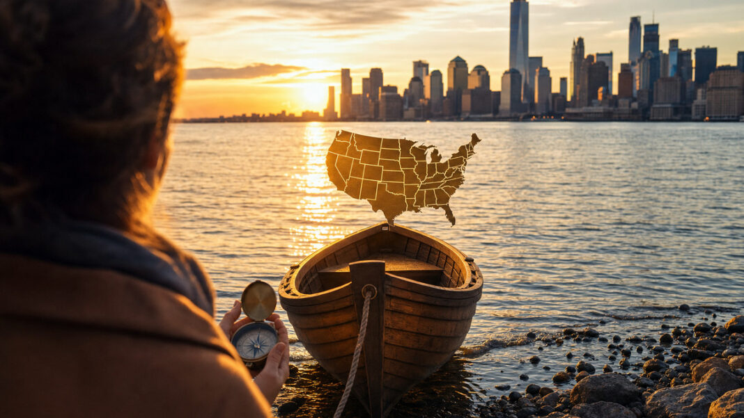 Kleines Boot am Hudson River zeigt auf eine Metallkarte der USA, eine Gründerin hält einen Kompass.