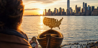 Kleines Boot am Hudson River zeigt auf eine Metallkarte der USA, eine Gründerin hält einen Kompass.