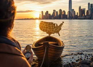STEP USA Kleines Boot am Hudson River zeigt auf eine Metallkarte der USA, eine Gründerin hält einen Kompass.