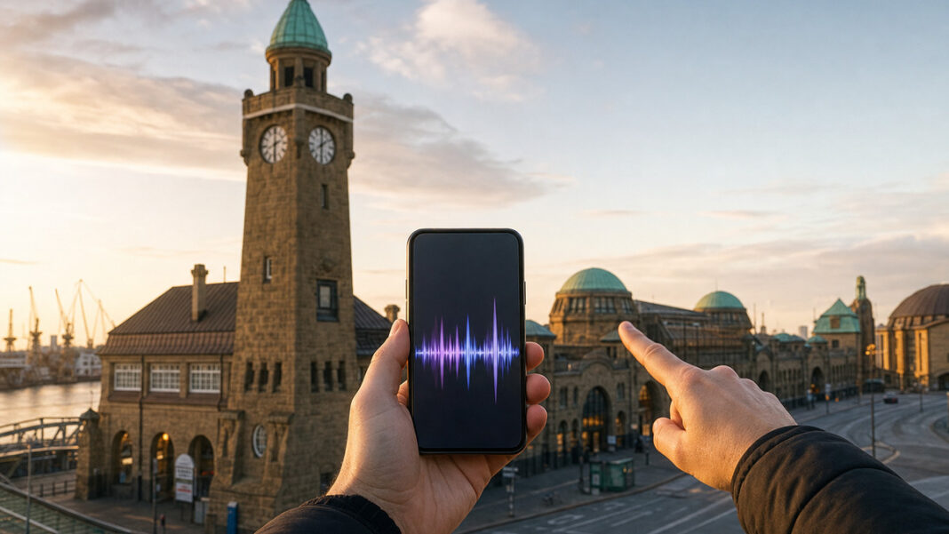 Hand hält Smartphone vor den Hamburger Landungsbrücken, im Hintergrund historische Speicher im Abendlicht