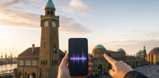 Hand hält Smartphone vor den Hamburger Landungsbrücken, im Hintergrund historische Speicher im Abendlicht