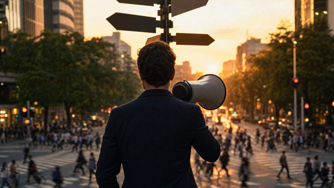 AdWords-Agentur an der Kreuzung Person von hinten mit Megafon an belebter Kreuzung, Wegweiser im Abendlicht