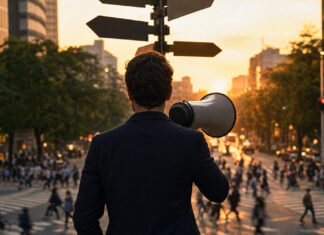Was spricht für den Einsatz einer Online-Marketing-/AdWords-Agentur? Person von hinten mit Megafon an belebter Kreuzung, Wegweiser im Abendlicht