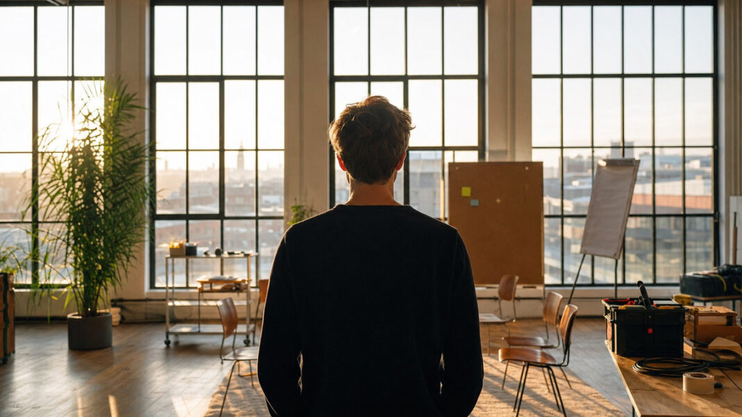 Erster Monat im Betahaus Hamburg Junger Gründer von hinten vor einer Fensterfront im Betahaus, mit kleinem Workshop-Bereich und Morgenlicht.