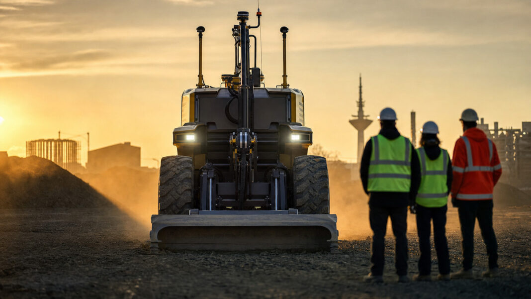 Baumaschine auf Testgelände, daneben Rückenfiguren im Sonnenlicht